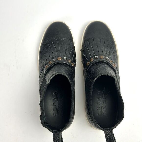 Hogan Black Leather Ankle Sneaker Boots Slip-on Studded with Fringes 37,5 US 7,5 - Picture 6 of 16